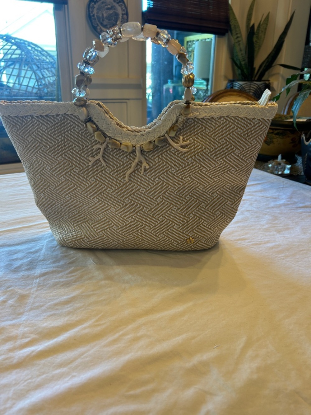 Cappelli Beaded Handle Woven Tote Bag in Cream